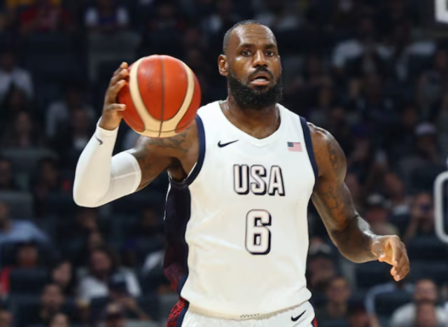 Basketball - USA Basketball Showcase - United States v Serbia - Etihad Arena, Abu Dhabi, United Arab Emirates - July 17, 2024 LeBron James of the U.S. in action